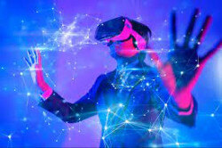 A woman with a VR viewer in a network of light